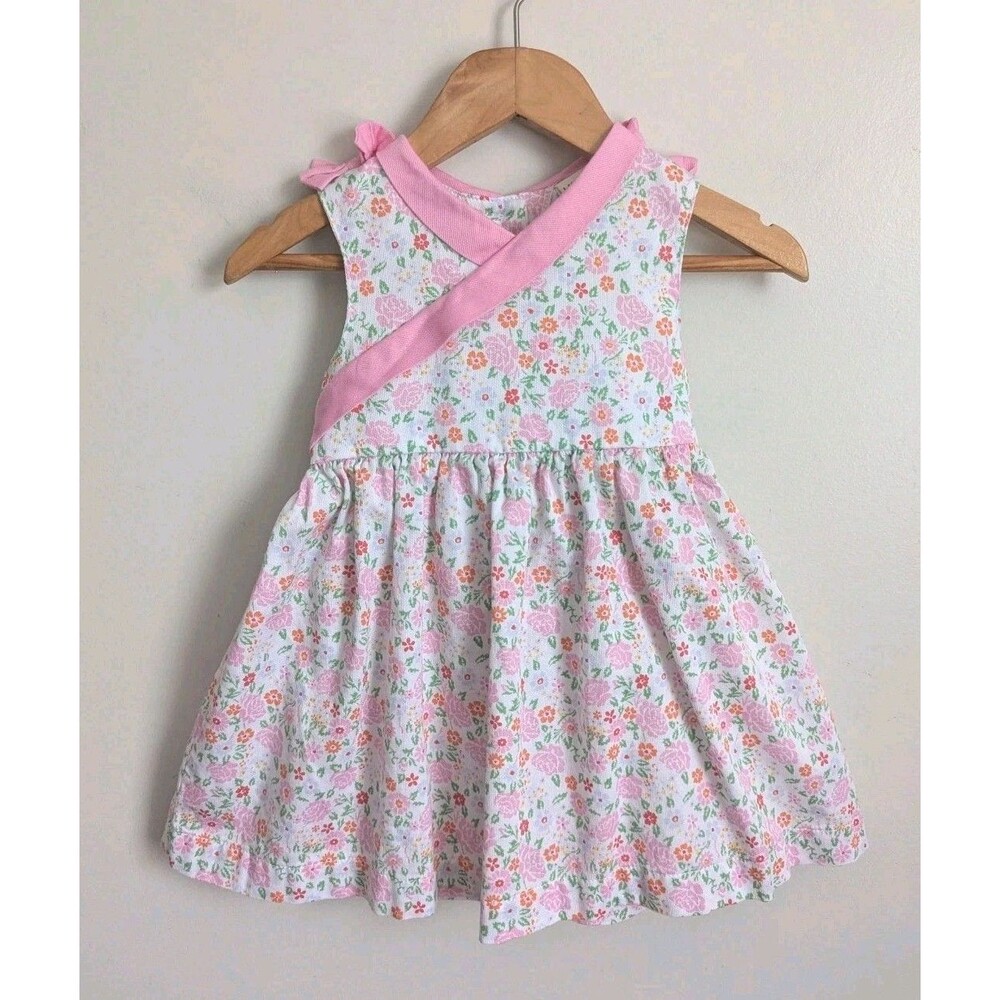 Laura Ashley Baby Girl Pink Floral Dress 12 Months Bows Classic Sleeveless EUC